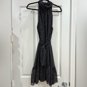 Taylor A-line Women's Black Dress Tan Polka Dot Halter Neck Ruffles Short